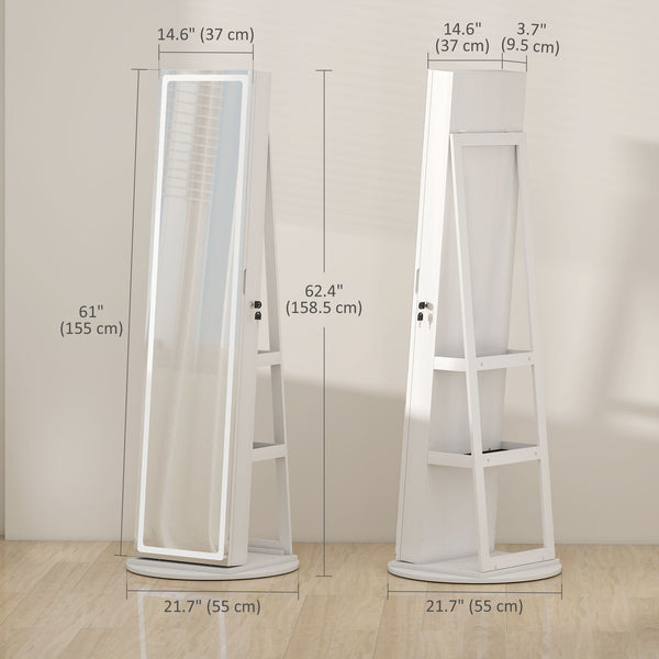 Jewelry cabinet with full-length lockable mirror, with LED, white