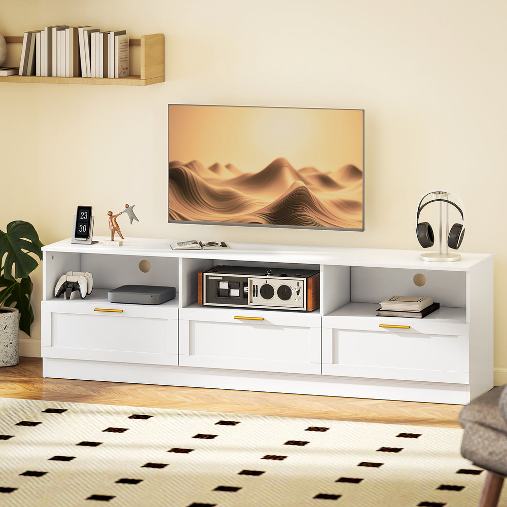 TV stand with 3 cabinets and 3 open shelves, for TVs up to 85 inches, white