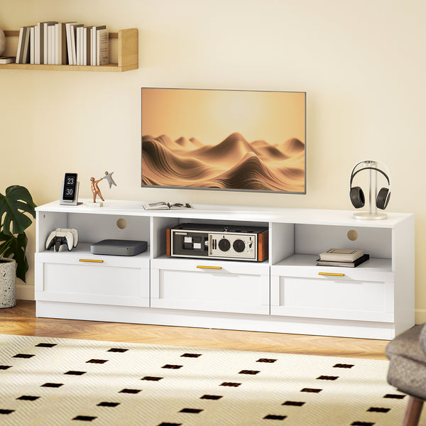 TV stand with 3 cabinets and 3 open shelves, for TVs up to 85 inches, white