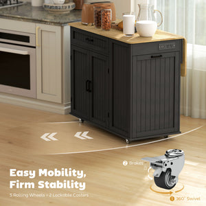 Portable kitchen island with charging station, fold-down rubberwood tabletop, waste storage, black