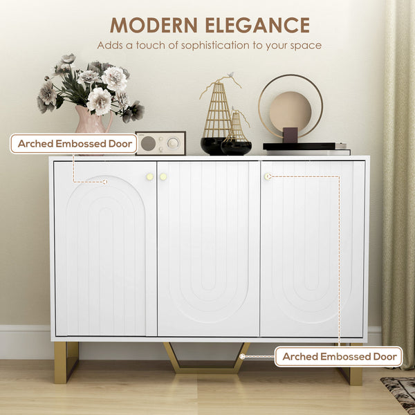 Sideboard Buffet Cabinet with 3 Doors, Modern Storage Cabinet with Adjustable Shelves & Center Leg, White