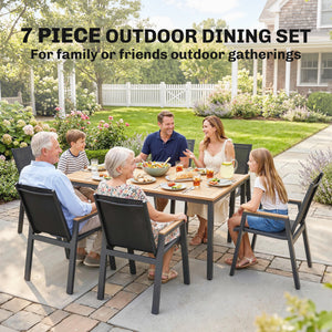 7-piece outdoor dining set, including a rectangular table and 6 mesh chairs with a slatted top