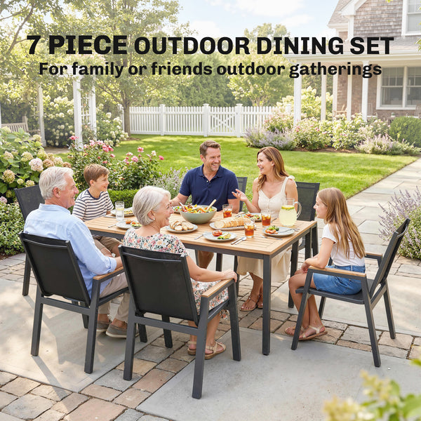 7-piece outdoor dining set, including a rectangular table and 6 mesh chairs with a slatted top