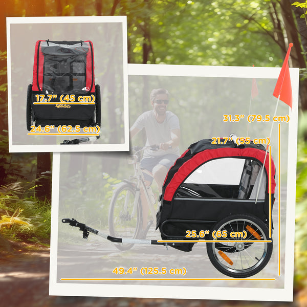 Child bike trailer with 5-point harness, 16-inch rubber wheels, storage bag, from 18 months, red.
