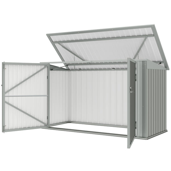 Garden shed with 3 bin compartments, double lockable door and hinged lid, silver grey 