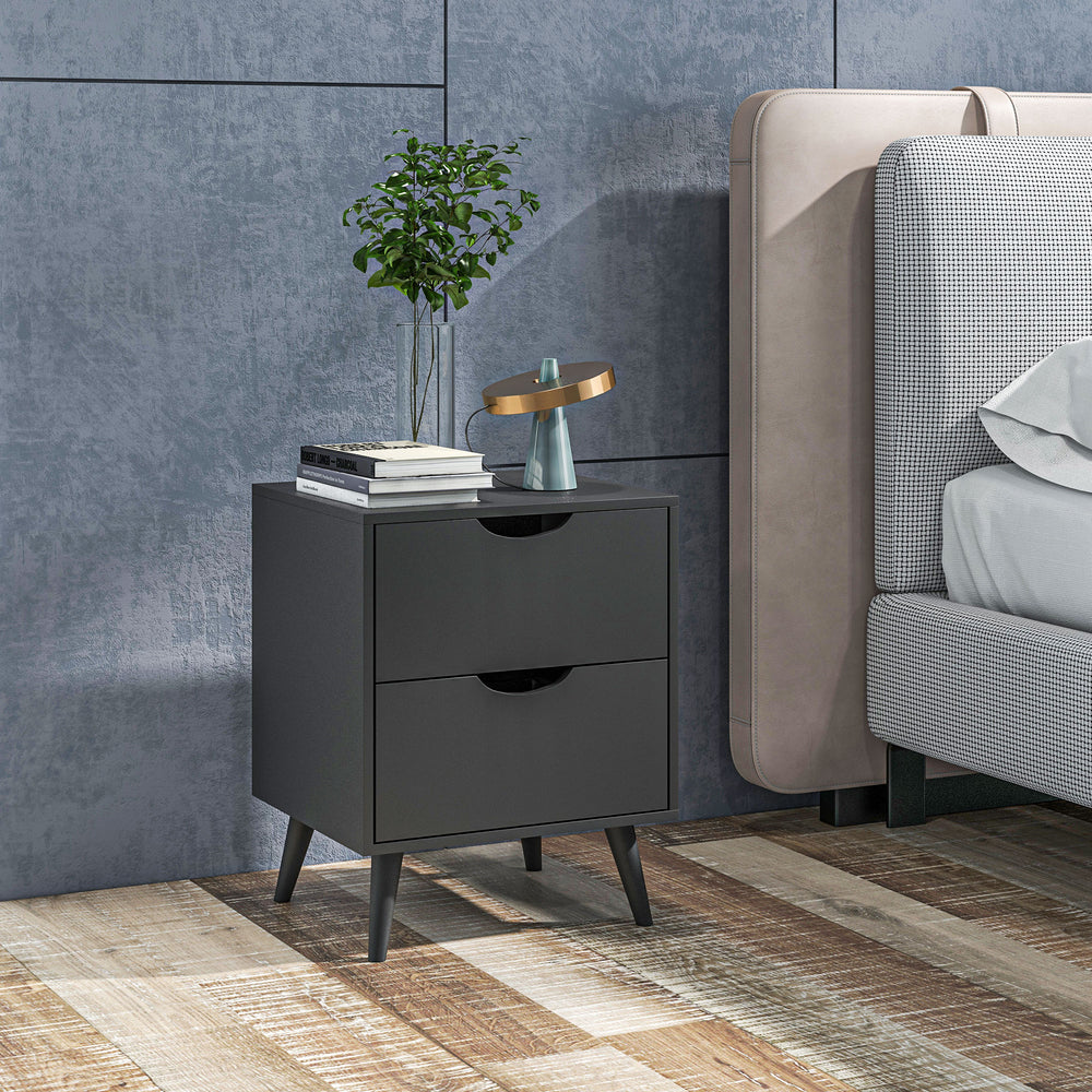 Modern bedside table with 2 drawers and pine legs, black
