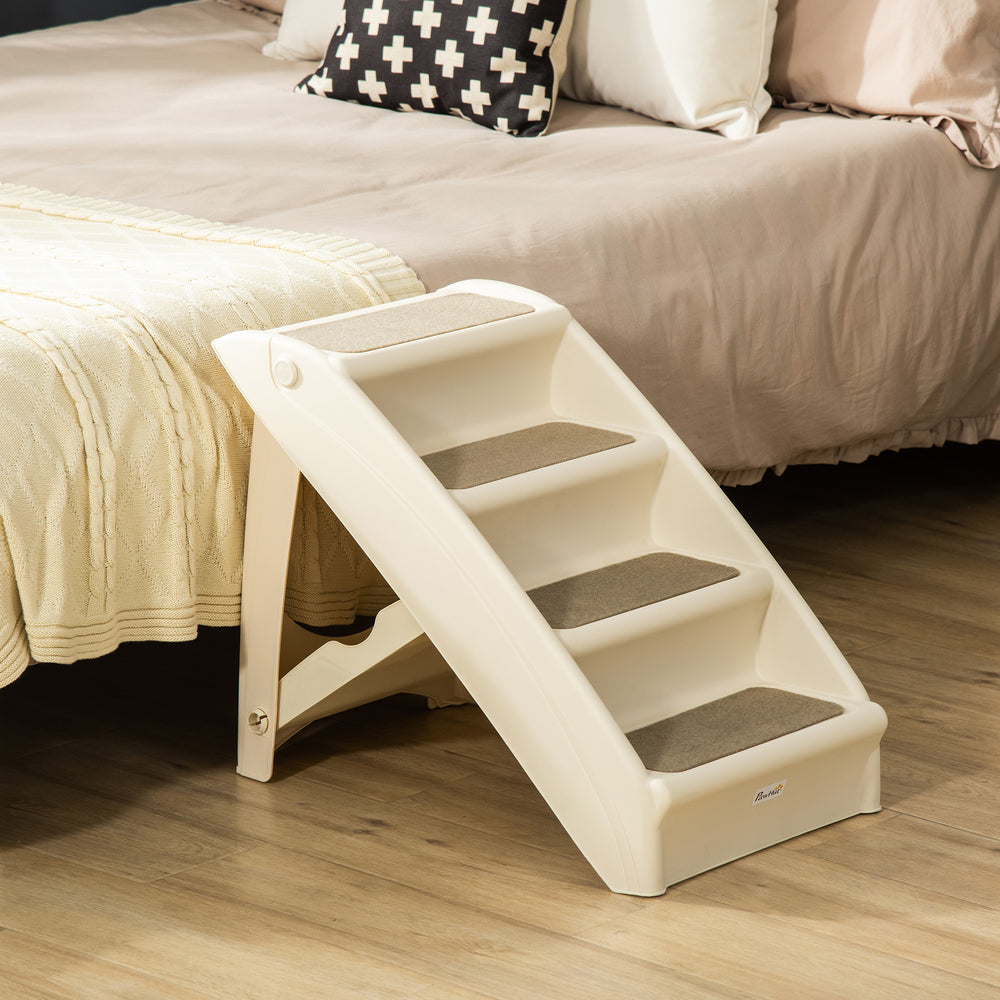 Portable stairs for dogs and cats, foldable and lightweight, beige.
