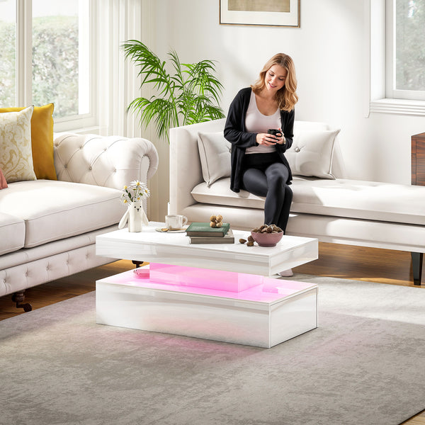 LED coffee table with 2 drawers and open shelf, glossy white