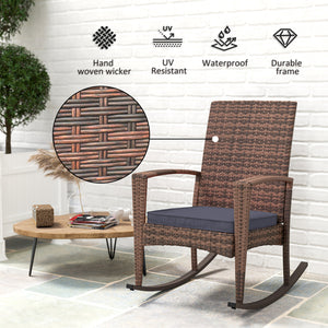 Synthetic rattan rocking chair with cushion, dark blue