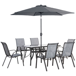 8 Piece Dining Set with Umbrella, 6 Chairs and Table, Grey