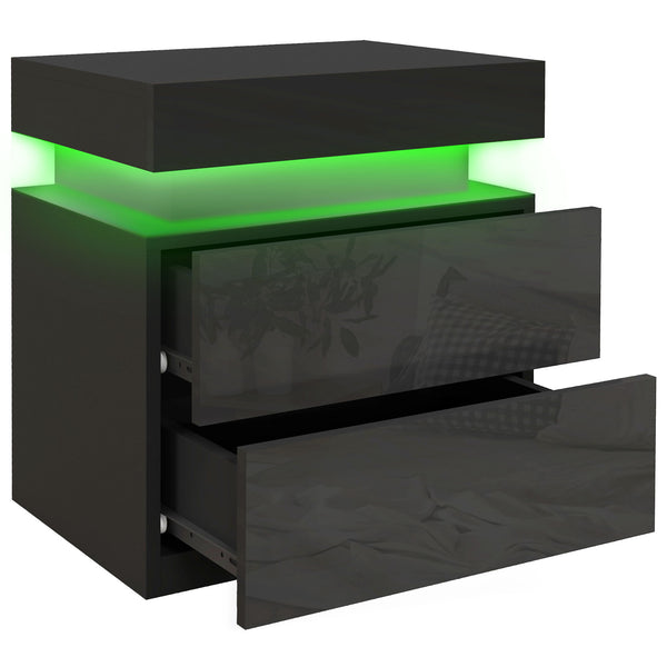 Bedside table with LED lighting and 2 drawers, black