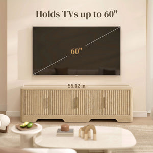 TV stand for TVs up to 60 inches, modern with fluted doors, oak finish