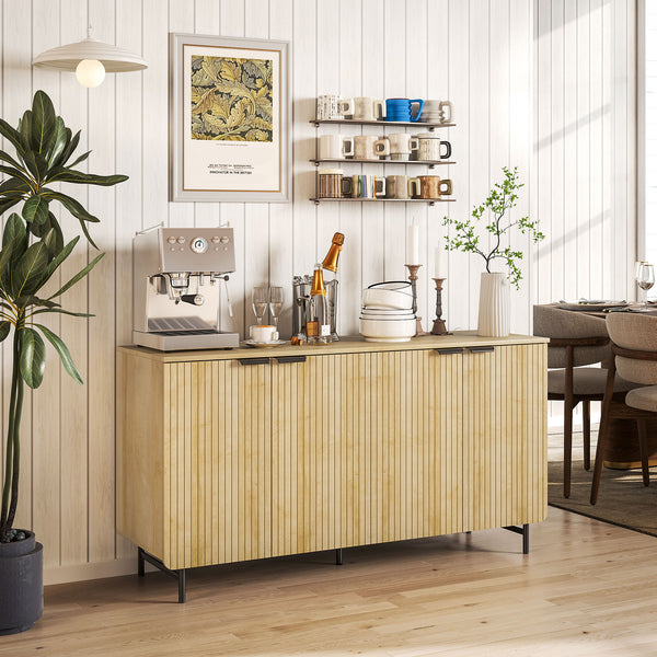 Fluted Sideboard with Adjustable Shelves, 5 Metal Legs for Kitchen and Living Room, Natural Wood