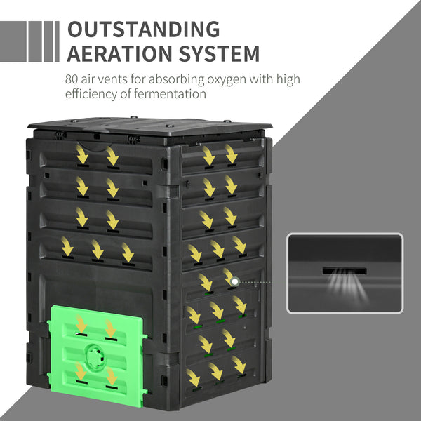 Garden composter with 80 ventilation holes and 2 sliding doors, 450 L, black