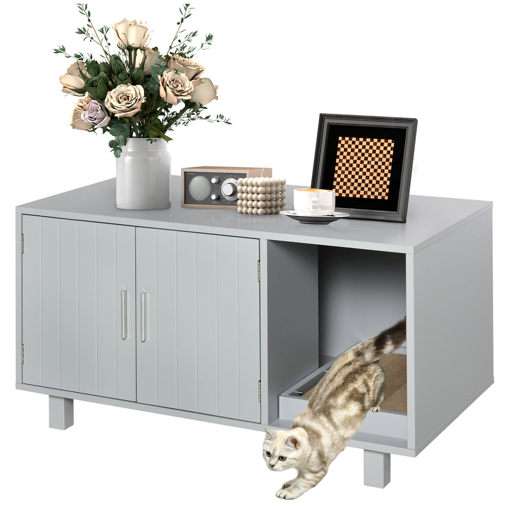 Litter box cabinet with scratching post, magnetic doors, grey