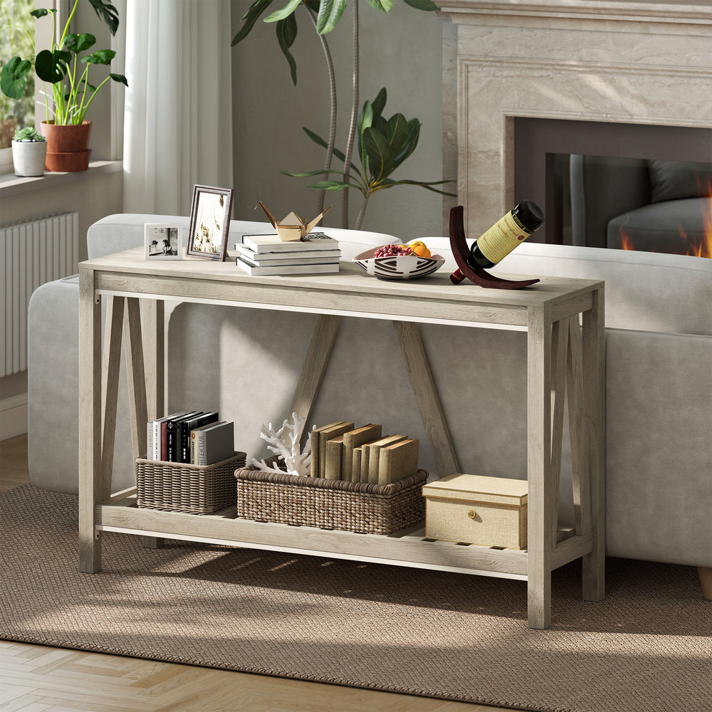 Rustic style entryway table with storage shelf, distressed gray