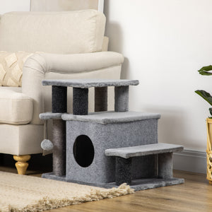 Cat stairs with scratching posts and ball toy, grey