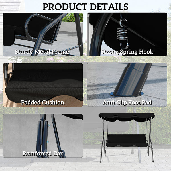 Outdoor Porch Swing with Adjustable Canopy, 3-Seater Patio Swing Chair with Cushion, Black