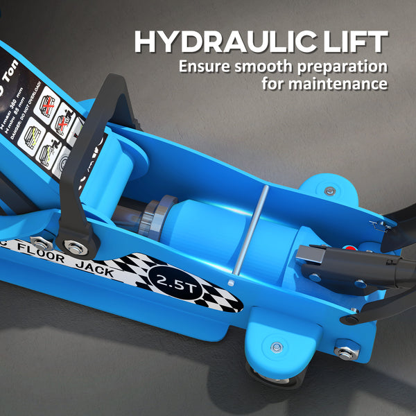 2.5-ton ultra-low profile hydraulic jack, blue, with lifting range up to 14.1 in, blue