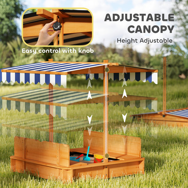 Wooden sandbox with cover, folding benches and adjustable canopy