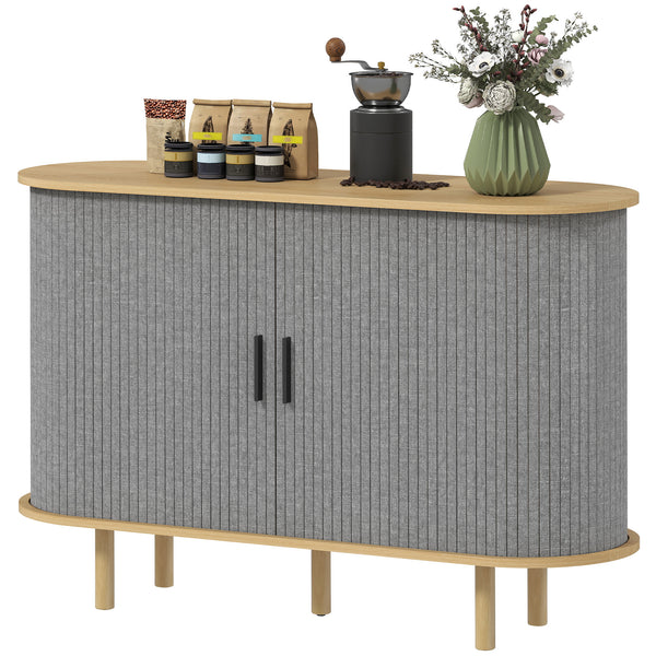 Sideboard with fluted tambour sliding doors with shelves and wooden legs, grey