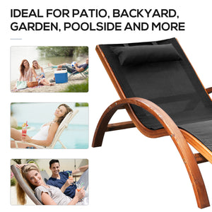 Wooden outdoor lounge chair, reclining with headrest, teak and black