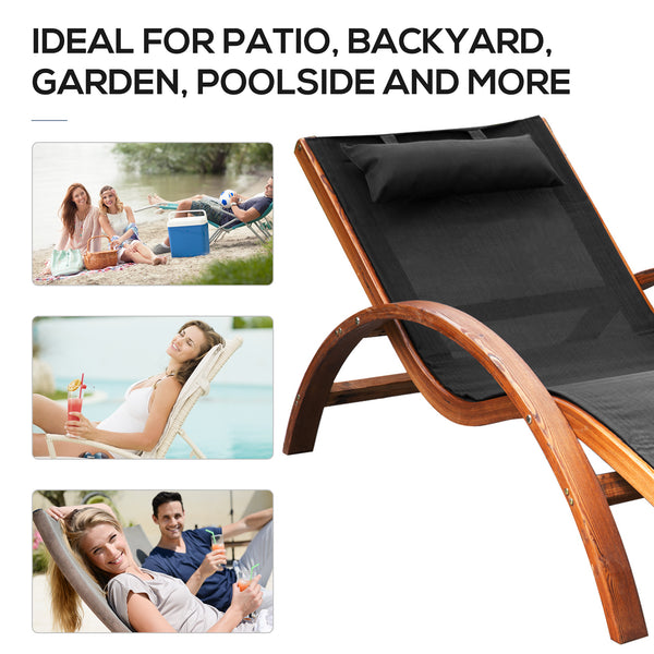 Wooden outdoor lounge chair, reclining with headrest, teak and black
