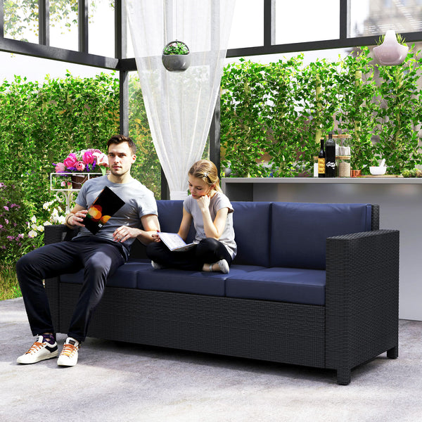 3 Seater Rattan and Wicker Sofa, Outdoor Garden Furniture with Cushion, Navy Blue