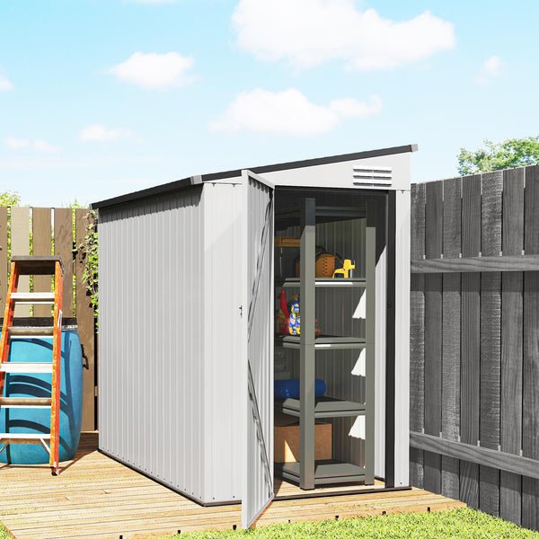 Lean-to metal garden shed with lockable door and ventilation, white