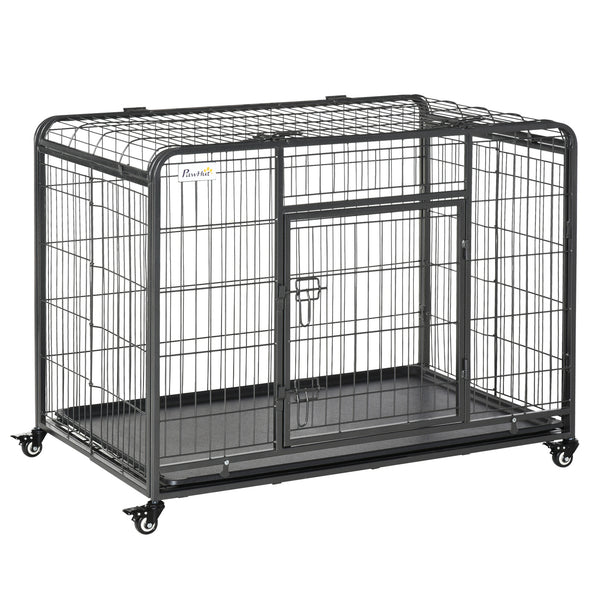 Foldable, sturdy cage with double door, lockable wheels and tray