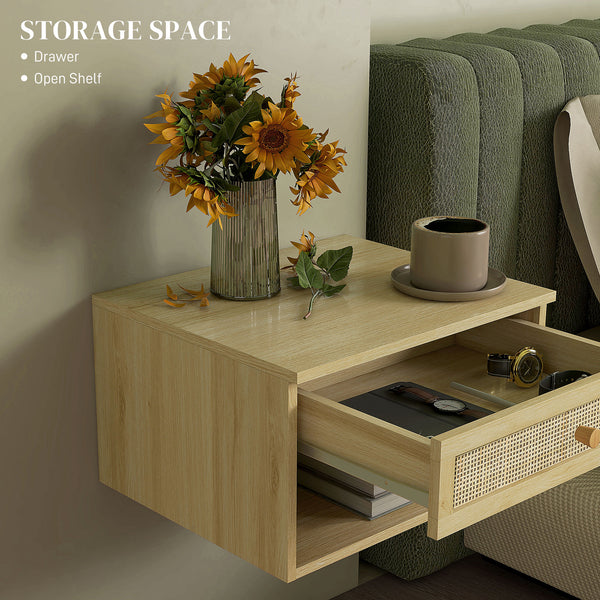 Set of 2 floating wall-mounted bedside tables with rattan drawer – Natural wood
