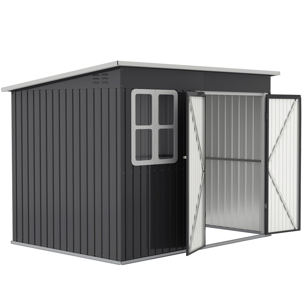 Outdoor garden shed made of galvanized steel, with window, wide lockable doors and vents, dark gray