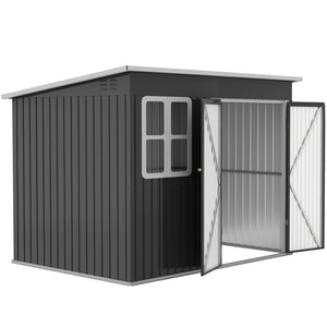 Outdoor garden shed made of galvanized steel, with window, wide lockable doors and vents, dark gray