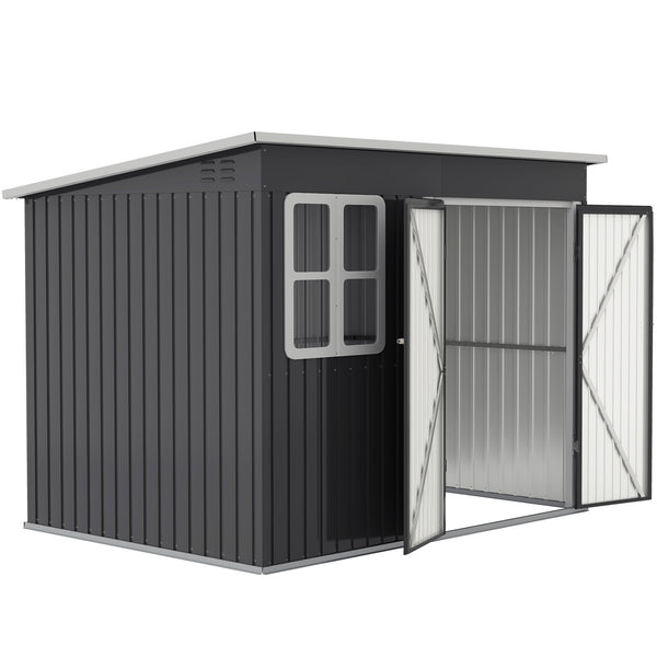 Outdoor garden shed made of galvanized steel, with window, wide lockable doors and vents, dark gray