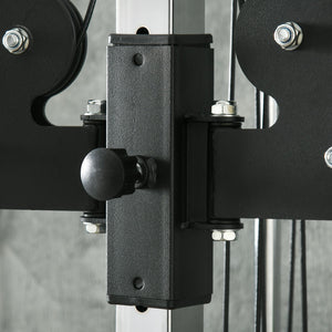 Wall-mounted dual pulley weight station, adjustable to 15 positions