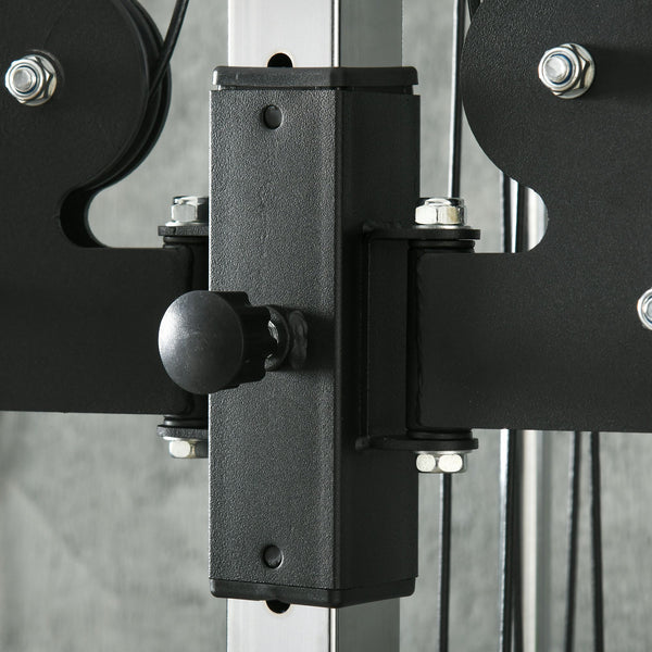 Wall-mounted dual pulley weight station, adjustable to 15 positions