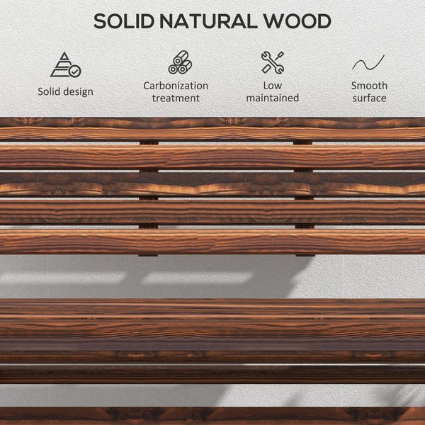 2-seater wooden outdoor bench with slatted back and seat, carbonized finish