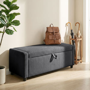 Dark gray corduroy tufted storage ottoman with thick padding, bedroom storage bench