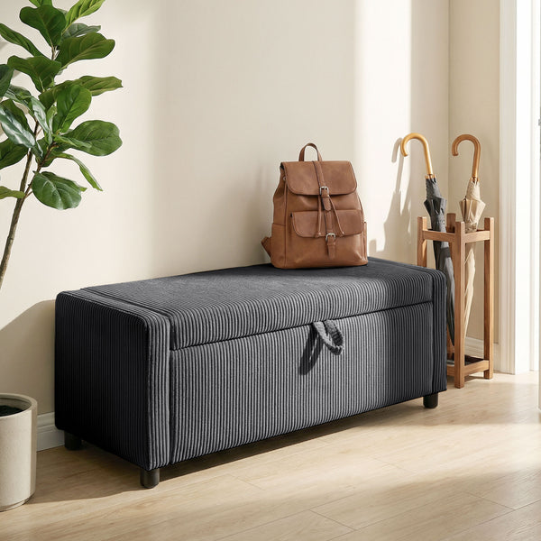 Dark gray corduroy tufted storage ottoman with thick padding, bedroom storage bench