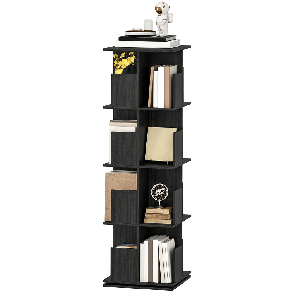 4-Tier 360° Rotating Bookcase with 16 Compartments, Black Wood Grain