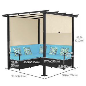 Set of woven rattan sofas and armchairs with retractable pergola, turquoise