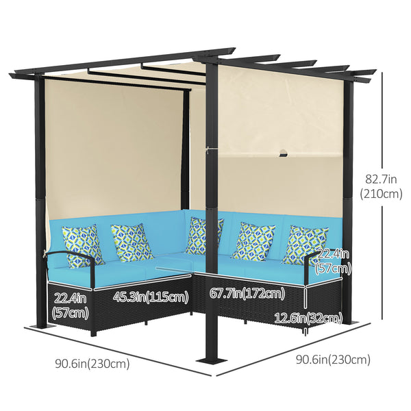 Set of woven rattan sofas and armchairs with retractable pergola, turquoise