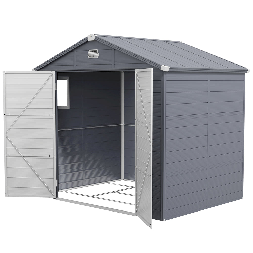 Plastic garden shed with latch door, vents, sloping roof, dark grey