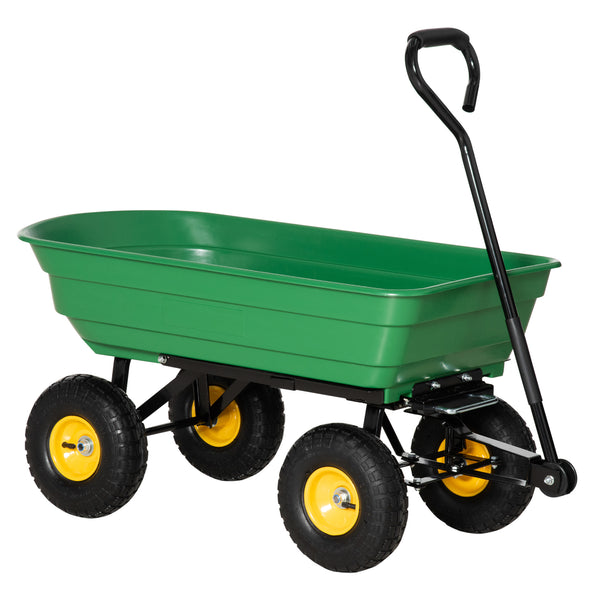 Sturdy, green garden cart with tipping bed
