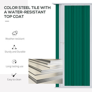 Metal garden shed with sloping roof and lockable door for tools, green