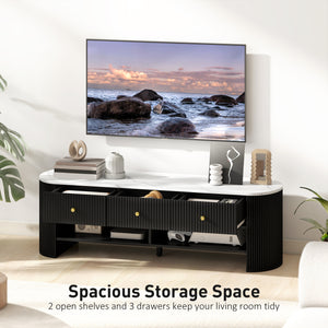 Modern TV cabinet with marble effect top, 3 drawers and 2 open shelves, black