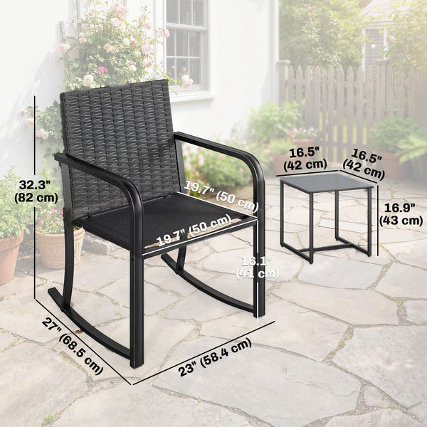 3-Piece Rocking Bistro Set with Cushions, Glass Coffee Table for Balcony, Gray