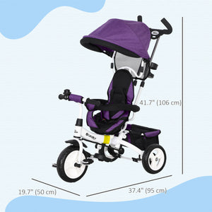 6 in 1 Tricycle with Basket, Canopy, 5-Point Safety Harness, Purple