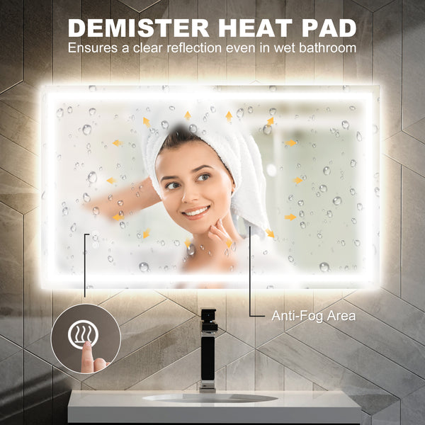 Bathroom mirror with LED lighting, anti-fog coating and touch button 
