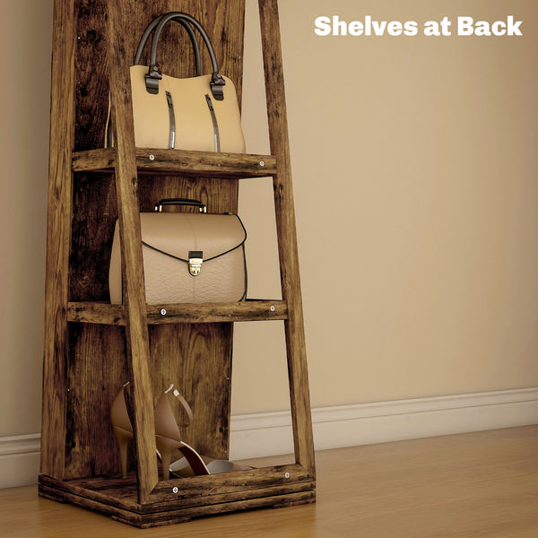 360° Rotating Jewelry Cabinet, Lockable, with Built-in Mirror, Rustic Brown